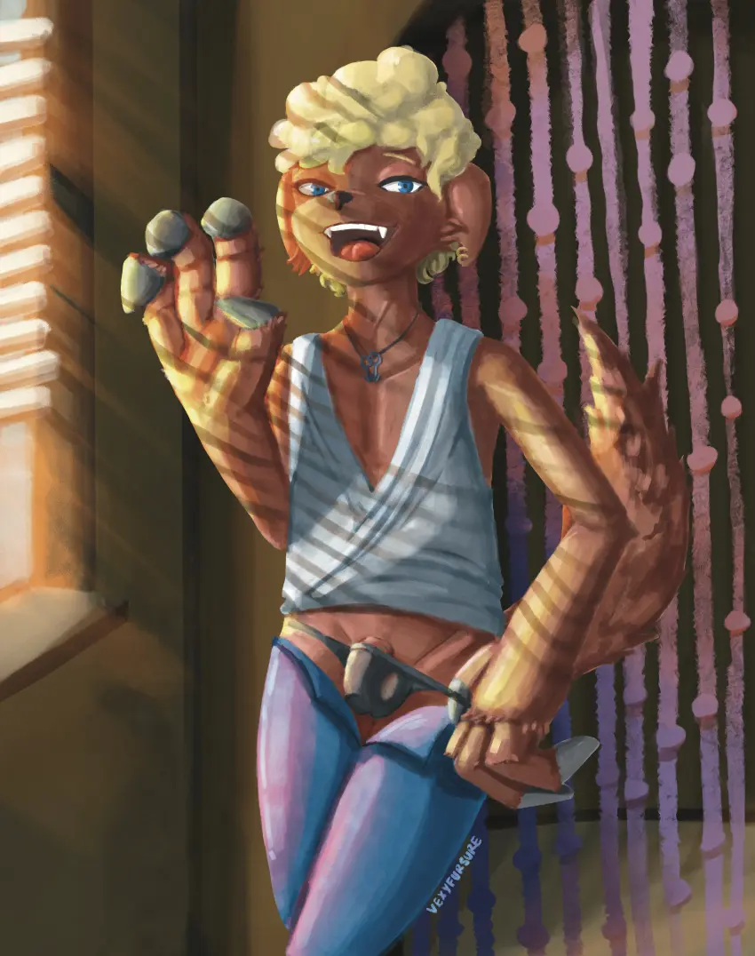 Image clothed,clothing,hi_res,open_mouth,pants,smile,solo,blue_eyes,male,penis,tail,tongue,underwear,male_only,teeth,hair,anthro,piercing,blonde_hair,absurd_res,bulge,bird_dog,canid,canine,canis,domestic_dog,fur,genitals,hunting_dog,labrador,mammal,retriever,claws,fangs,ear_piercing,partially_clothed,male_focus,window,brown_fur,brown_body,floppy_ears,bottomwear,underwear_down,blinds,big_claws,vexyfursure