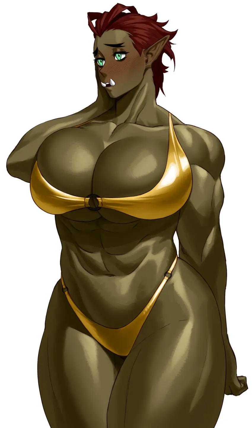 Image 1girls,big_breasts,blush,breasts,female,female_only,solo,white_background,red_hair,bikini,thick_thighs,muscular,embarrassed,green_eyes,green_skin,pointy_ears,fangs,muscular_female,orc,very_high_resolution,orc_female,hand_on_cheek,gold_bikini,golden_week,sotcho