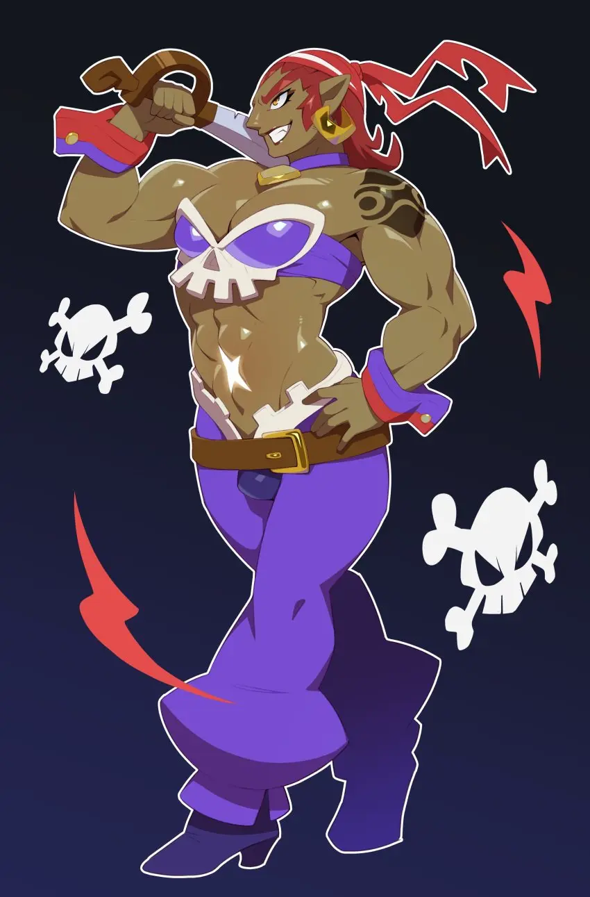 Image simple_background,solo,1boy,male,penis,red_hair,earrings,muscular,muscular_male,smiling,male_only,teeth_showing,pointy_nose,pointy_ears,absurd_res,nintendo,hand_on_hip,bulge,flaccid,heels,abs,the_legend_of_zelda,shantae,cosplay,muscles,sword,weapon_over_shoulder,ganondorf,ambush_(trap),combos-n-doodles,risky_boots_(cosplay)