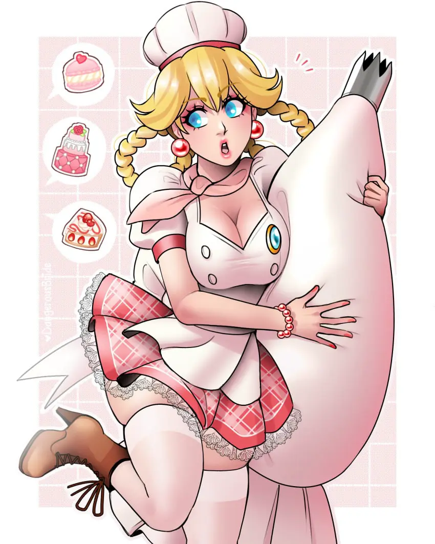 Image 1girls,female,female_only,solo,blue_eyes,earrings,looking_away,blonde_hair,stockings,mario_(series),nintendo,skirt,apron,jpeg,princess_peach,2020s,braided_hair,chef_hat,thigh_squish,bent_leg,white_stockings,food,standing_on_one_leg,very_high_resolution,heel_boots,cake,dangerousbride,princess_peach:_showtime!,patissiere_peach,chef_uniform
