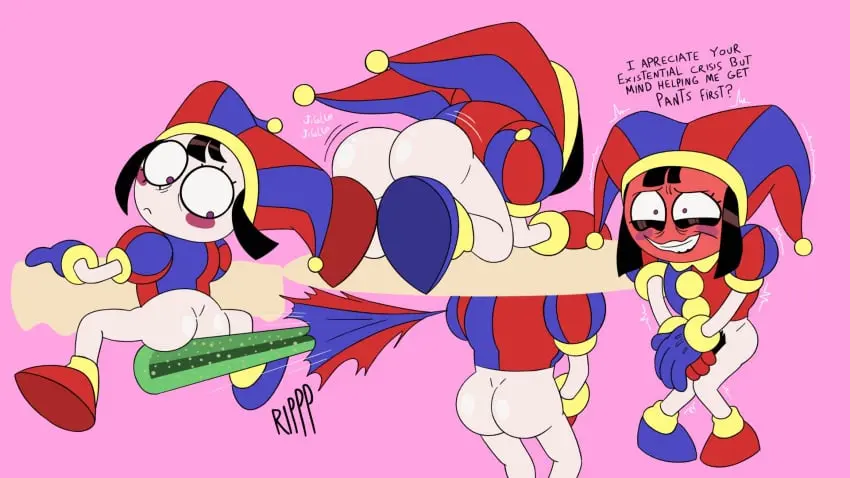 Image 1girls,female,female_only,ass,white_skin,dialogue,bottomless,spikes,wardrobe_malfunction,covering_crotch,ripped_clothing,pomni,pomni_(the_amazing_digital_circus),the_amazing_digital_circus,embarrassed_nude_female,enf,glitch_productions,jester,digital_circus,jones_boi,jonesbo50034805