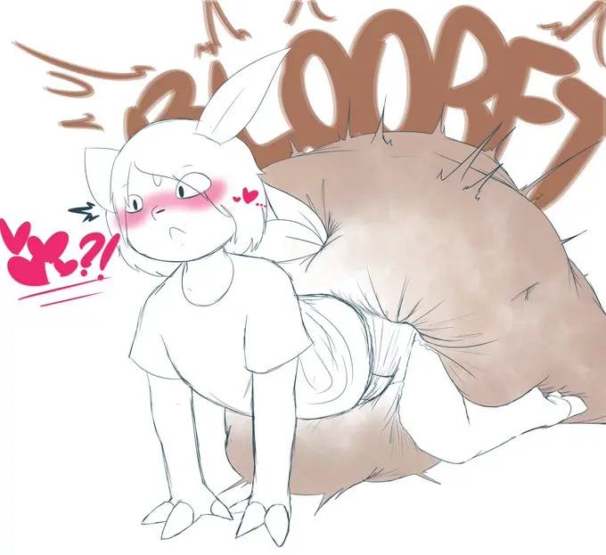 Image blush,1boy,male,tail,furry,anthro,arm_support,t-shirt,shocked_expression,3_fingers,onomatopoeia,!?,diaper,messy_diaper,scat,feces,soiling,hyper_feces,hyper_scat,hypermess,blort,sinningsneasel