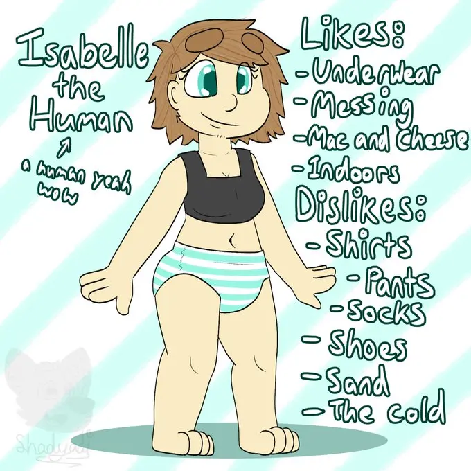 Image female,light-skinned_female,light_skin,short_hair,barefoot,light_brown_hair,striped_panties,tomboy,cyan_eyes,black_topwear,shadyadi1