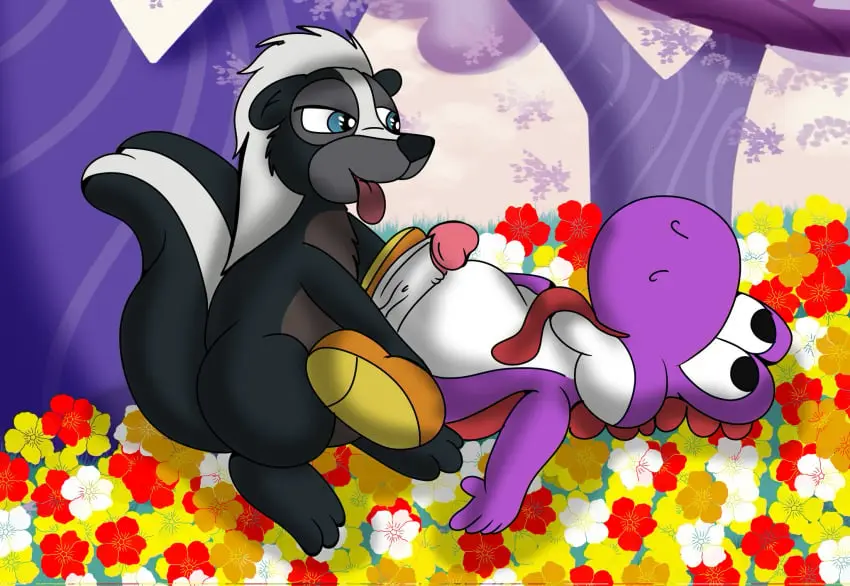 Image hi_res,blue_eyes,male,nude,penis,tongue_out,tongue,disney,duo,male/male,anthro,veiny_penis,mario_(series),nintendo,genitals,mammal,reptile,scalie,purple_body,vein,feral,dinosaur,mephitid,skunk,yoshi,bambi_(film),flower_(bambi),admiralspyro,purple_yoshi