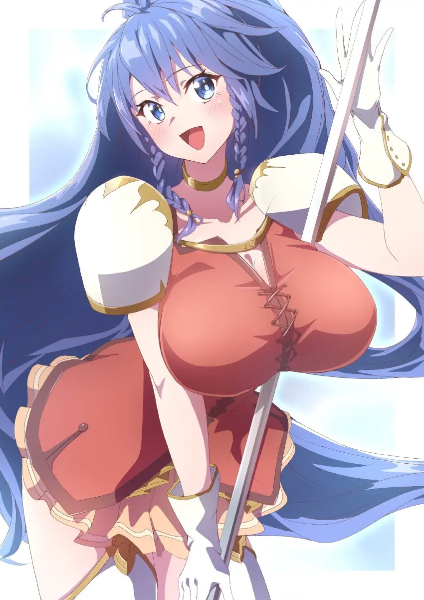 Image 1girls,blush,breasts,female,female_only,highres,large_breasts,long_hair,looking_at_viewer,simple_background,solo,very_long_hair,blue_eyes,blue_hair,gloves,thick_thighs,thighs,ponytail,dress,nintendo,:d,fire_emblem,twin_braids,short_skirt,spear,shoulder_pads,fire_emblem:_the_sacred_stones,tana_(fire_emblem),to_(tototo_tk)