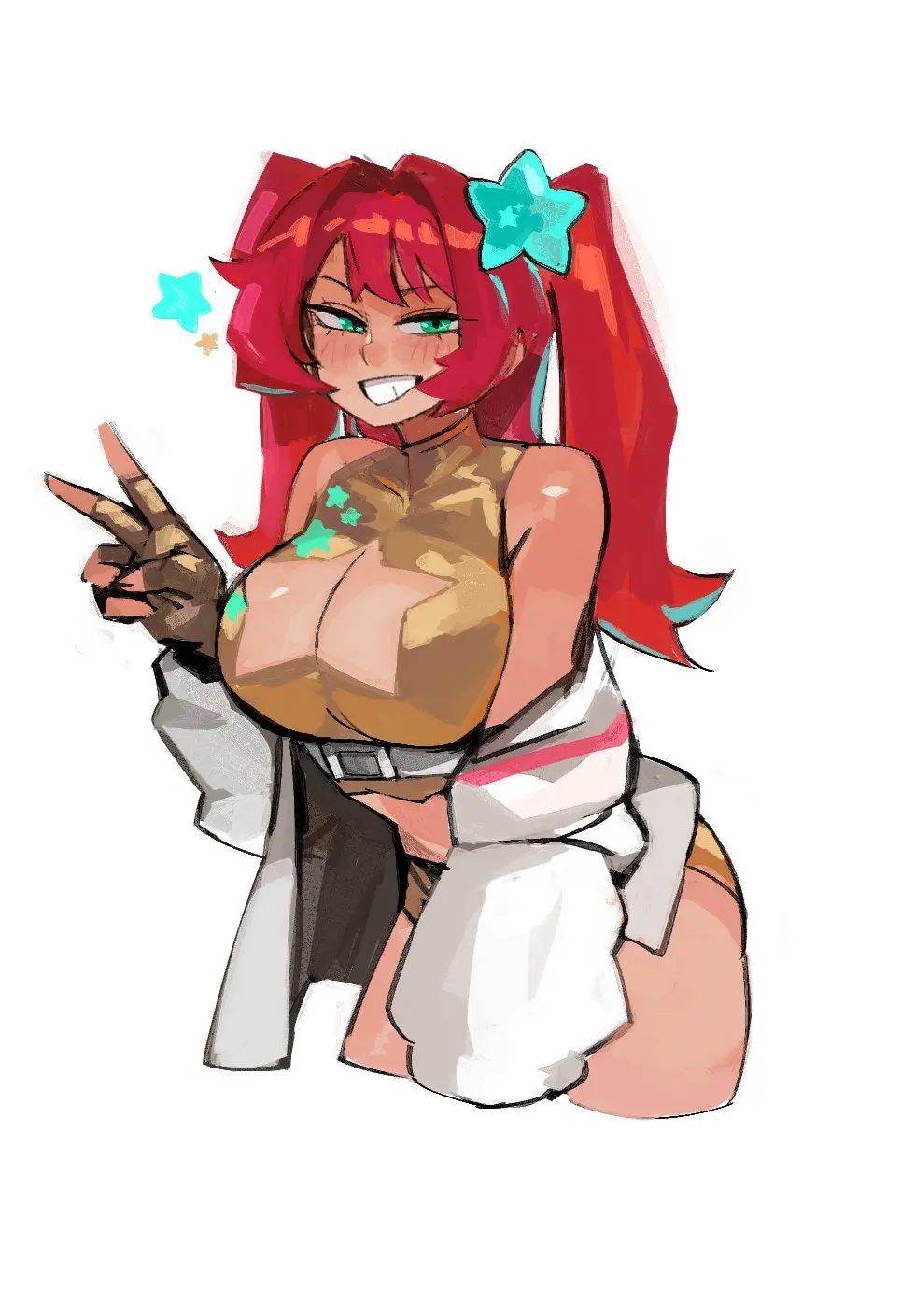 Image 1girls,big_breasts,blush,breasts,female,smile,bangs,bikini,bra,panties,thick_thighs,gold_(metal),orange_hair,green_eyes,twintails,oc,star,33dot,lyra_(kaatokunart)