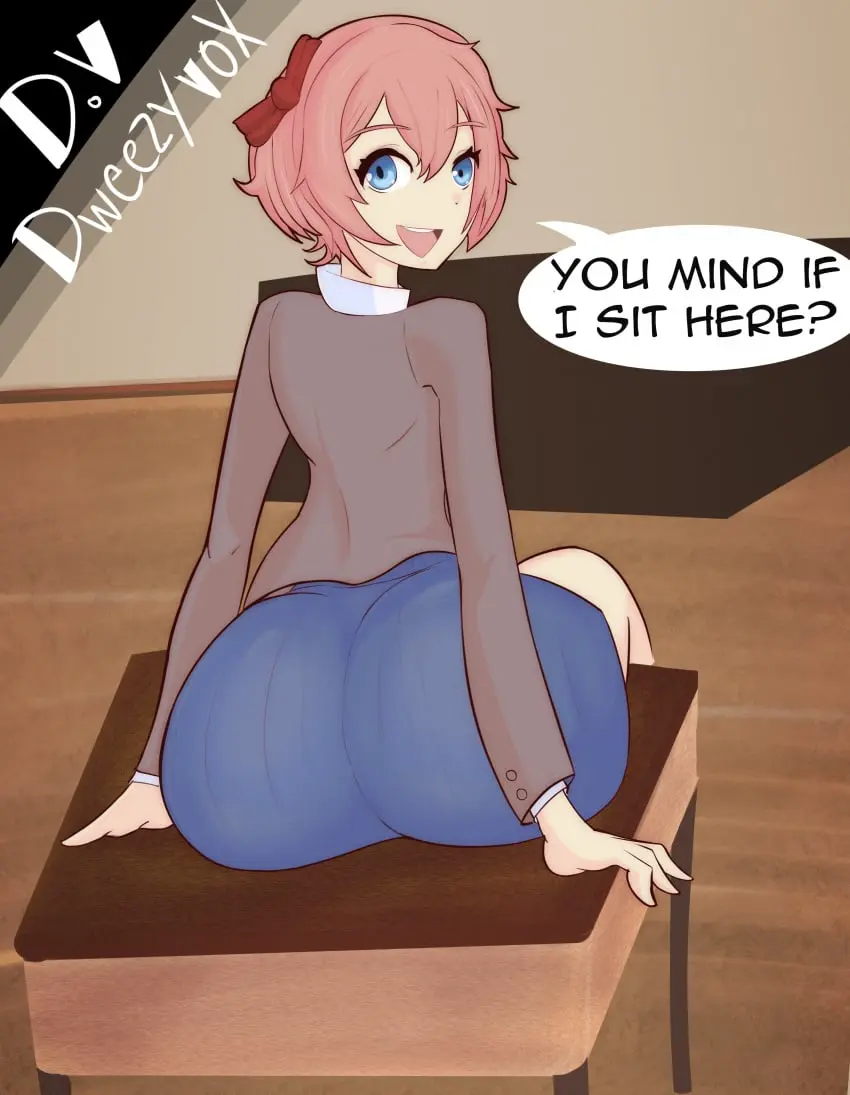 Image 1girls,female,blue_eyes,ass,big_ass,big_butt,artist_name,text,sitting,skirt,english_text,speech_bubble,text_bubble,butt,blue_skirt,doki_doki_literature_club,school_desk,desk,sitting_on_desk,sitting_down,sayori_(doki_doki_literature_club),strawberry_blonde_hair,dweezyvox