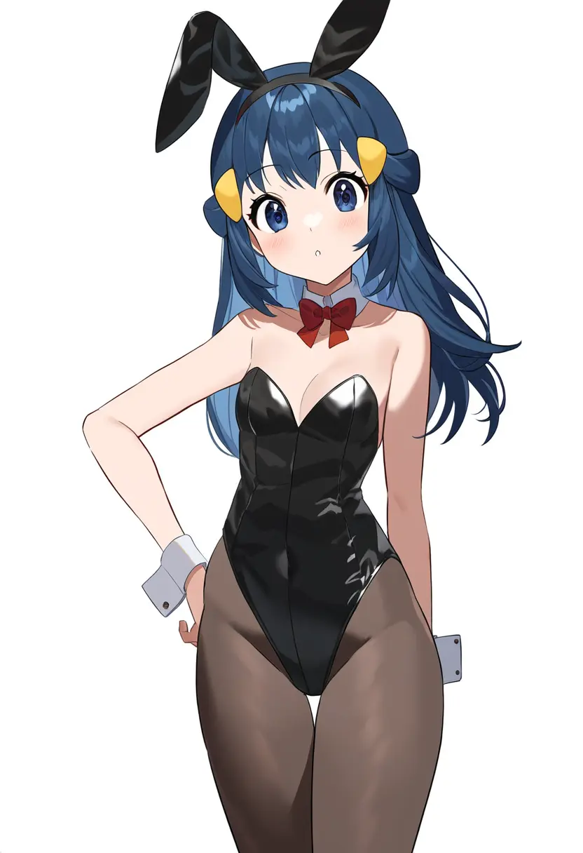 Image 1girls,breasts,female,long_hair,looking_at_viewer,standing,blue_hair,pokemon,small_breasts,ai_generated,thigh_gap,bunny_ears,hand_on_hip,self_upload,bunnysuit,fake_animal_ears,novelai,dawn_(pokemon),pokemon_dppt
