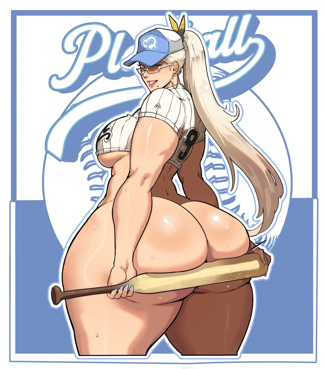 Image breasts,long_hair,looking_at_viewer,smile,solo,ass,big_ass,bottom_heavy,earrings,huge_ass,looking_back,1futa,futanari,intersex,ponytail,wide_hips,solo_focus,underboob,glasses,wink,futa_only,bottomless,ass_focus,mole_under_mouth,jersey,gigantic_ass,baseball_bat,baseball_cap,winking,donaught,baseball_uniform,fajji