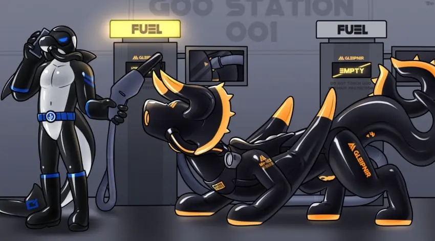Image clothing, gloves, male, tail, duo, male_only, belly, wings, anthro, mammal, latex, latex_clothing, latex_skinsuit, lock_bulge, skinsuit, tight_clothing, black_body, fin, marine, electronics, handwear, feral, phone, cellphone, capcom, latex_handwear, latex_gloves, latex_handware, visor, drone, monster_hunter, tail_fin, orca, flying_wyvern, winged_arms, cetacean, dolphin, oceanic_dolphin, toothed_whale, white_belly, rubber_boots, dorsal_fin, gas_pump, arm_fins, hacony, gleipnir_(hacony), diablos_(mh), gleipnir_icon, roger_the_data_orca, storage_controller_icon, usb_icon, von_(jsdk)