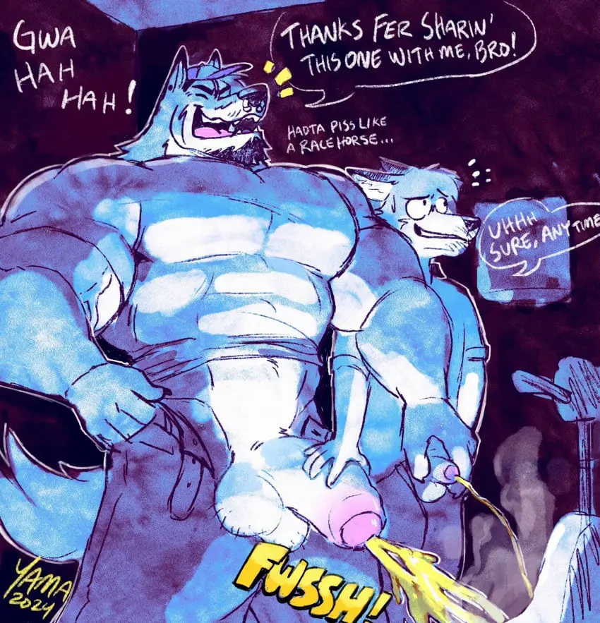 Image clothed,clothing,hi_res,open_mouth,pants,shirt,male,penis,big_penis,duo,muscular,male/male,balls,size_difference,anthro,piercing,hand_on_hip,genital_fluids,flaccid,bodily_fluids,canid,canine,canis,genitals,mammal,wolf,biceps,pecs,belt,foreskin,uncircumcised,skinny,thick_penis,2024,abs,speech_bubble,big_muscles,topwear,muscles,bottomwear,open_clothing,facial_hair,peeing,body_hair,masculine_male,ring_piercing,hand_on_penis,nose_piercing,nose_ring,facial_piercing,open_bottomwear,open_pants,hairy_balls,urine,watersports,urine_stream,triceps,goatee,urinal,laugh,bros_being_bros,peeing_together,muscle_vein,wolfyama,peeing_in_urinal