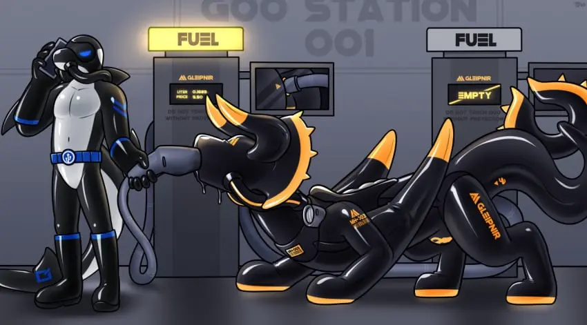 Image clothing,gloves,male,tail,duo,male_only,belly,wings,anthro,mammal,latex,latex_clothing,latex_skinsuit,skinsuit,tight_clothing,black_body,fin,marine,electronics,handwear,feral,phone,cellphone,capcom,latex_handwear,latex_gloves,latex_handware,visor,drone,monster_hunter,tail_fin,orca,flying_wyvern,winged_arms,cetacean,dolphin,oceanic_dolphin,toothed_whale,white_belly,rubber_boots,dorsal_fin,gas_pump,arm_fins,hacony,gleipnir_(hacony),diablos_(mh),gleipnir_icon,roger_the_data_orca,storage_controller_icon,usb_icon,von_(jsdk)