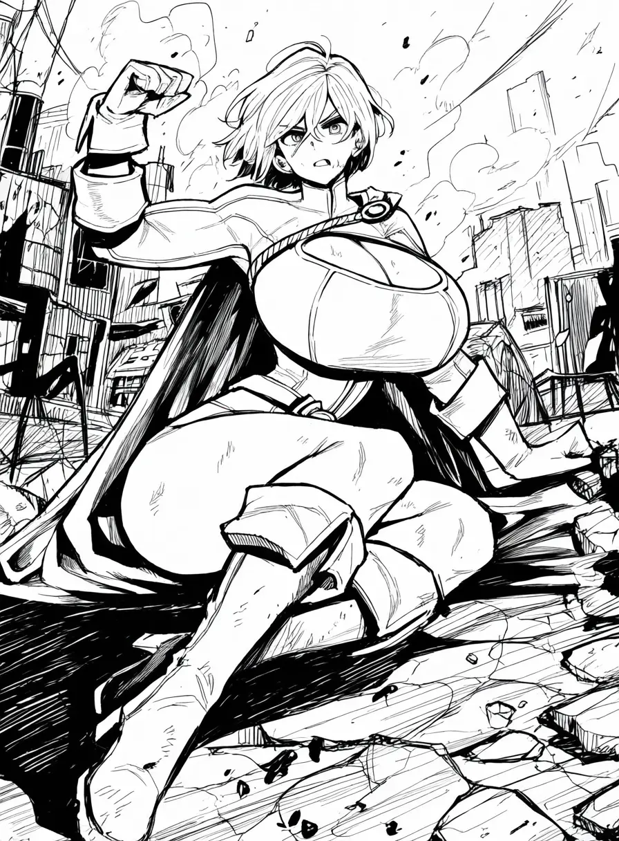 Image 1girls,breasts,female,large_breasts,short_hair,ai_generated,cleavage,solo_female,huge_breasts,massive_breasts,legs,black_and_white,tight_clothing,thin_waist,dc,dc_comics,angry_face,sketch,full_body,fight,destruction,scratches,superman_(series),kara_zor-l,karen_starr,power_girl,rubble,damaged,cattlec