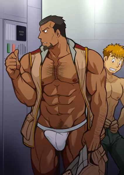 Image 1boy,male,thighs,dark-skinned_male,dark_skin,muscular,muscular_male,2boys,male_only,yaoi,blonde_hair,after_sex,gay,pubic_hair,bara,bulge,male_pubic_hair,male_focus,abs,dated,implied_sex,arab_male,muscles,younger_male,locker_room,hairy_chest,military,older_male,gundam,black_pubic_hair,jockstrap,tall_male,2016,getting_dressed,short_male,abdomen,2010s,underwear_bulge,zeon,gundam_zz,rakan_dahkaran,looking_at_wall,opened_shirt,robonakata,shunpei,shunpei_nakata
