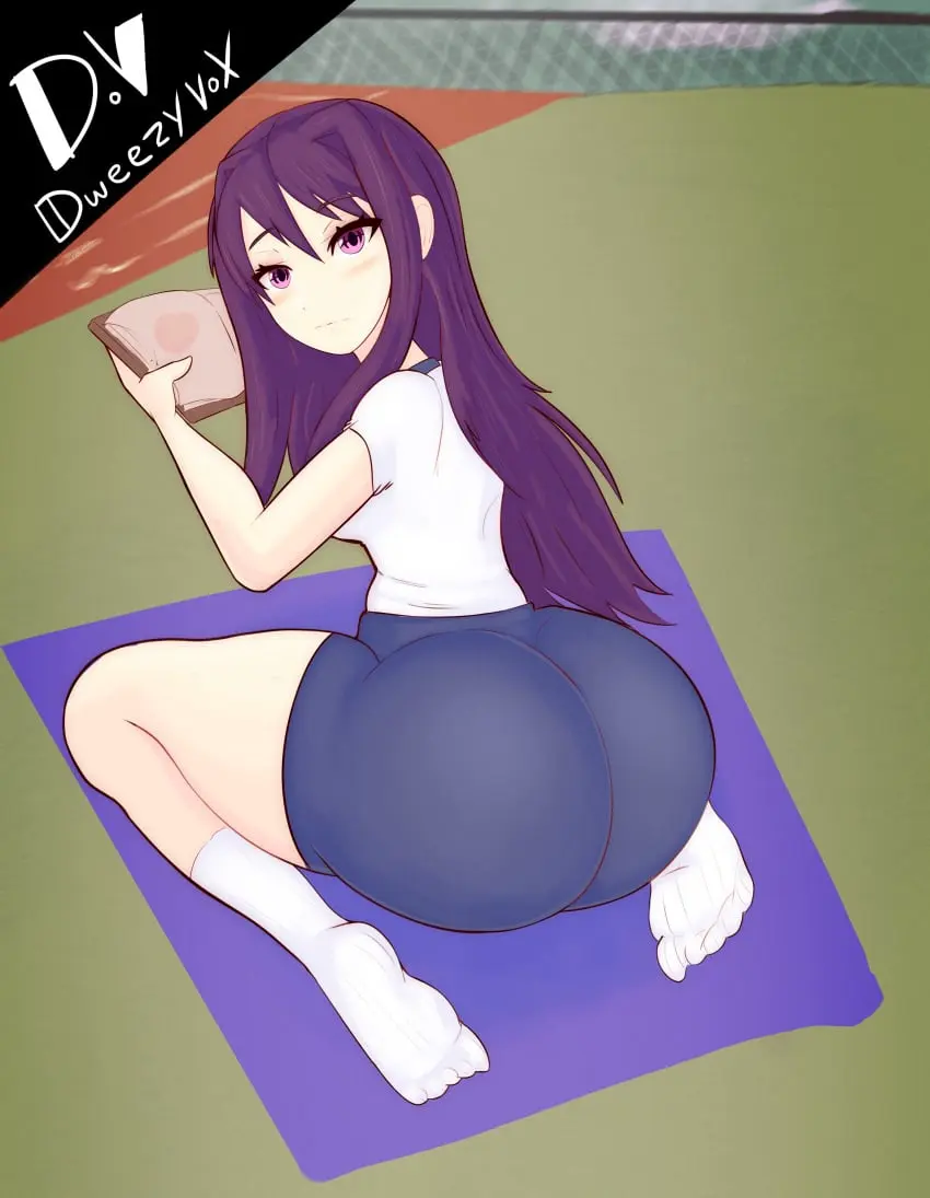 Image 1girls,female,long_hair,ass,big_ass,big_butt,feet,artist_name,purple_eyes,socks,purple_hair,butt,doki_doki_literature_club,5_toes,yuri_(doki_doki_literature_club),dweezyvox