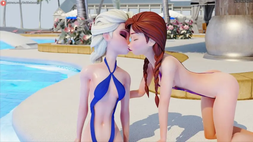 Image female,female_only,2girls,disney,swimsuit,petite,teenager,3d,yuri,incest,sisters,3d_(artwork),kissing,princess,darkbahamuth,elsa_(frozen),frozen_(film),anna_(frozen)