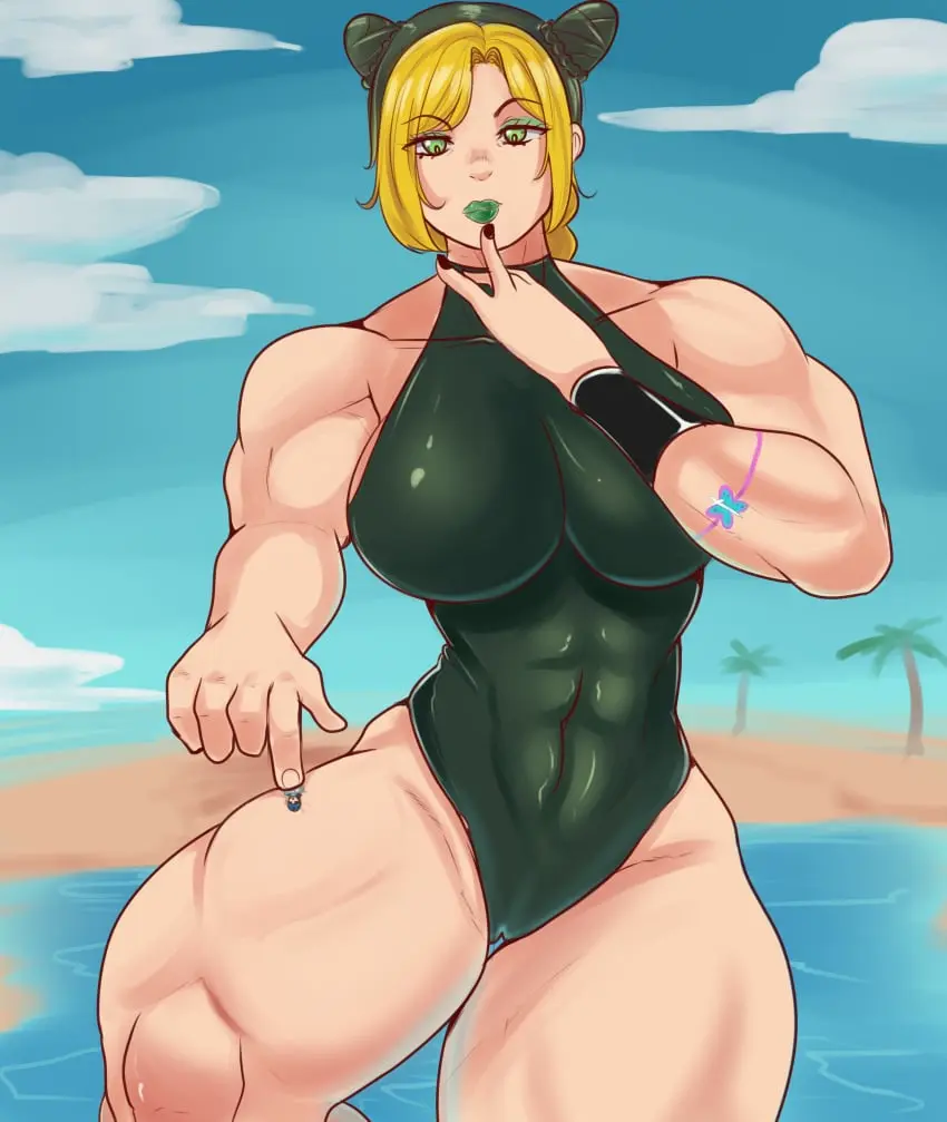 Image 1girls,big_breasts,breasts,female,female_only,light-skinned_female,light_skin,looking_at_viewer,black_hair,female_focus,thick_thighs,thighs,multicolored_hair,athletic,muscular,beach,water,blonde_hair,green_eyes,one-piece_swimsuit,black_hair_female,biceps,sand,blonde_hair_female,blonde_female,abs,athletic_female,muscular_female,toned,toned_female,jojo's_bizarre_adventure,stone_ocean,muscular_arms,muscular_thighs,alternate_body_type,palm_tree,jolyne_kujo,moyudraw,moyuyudraws