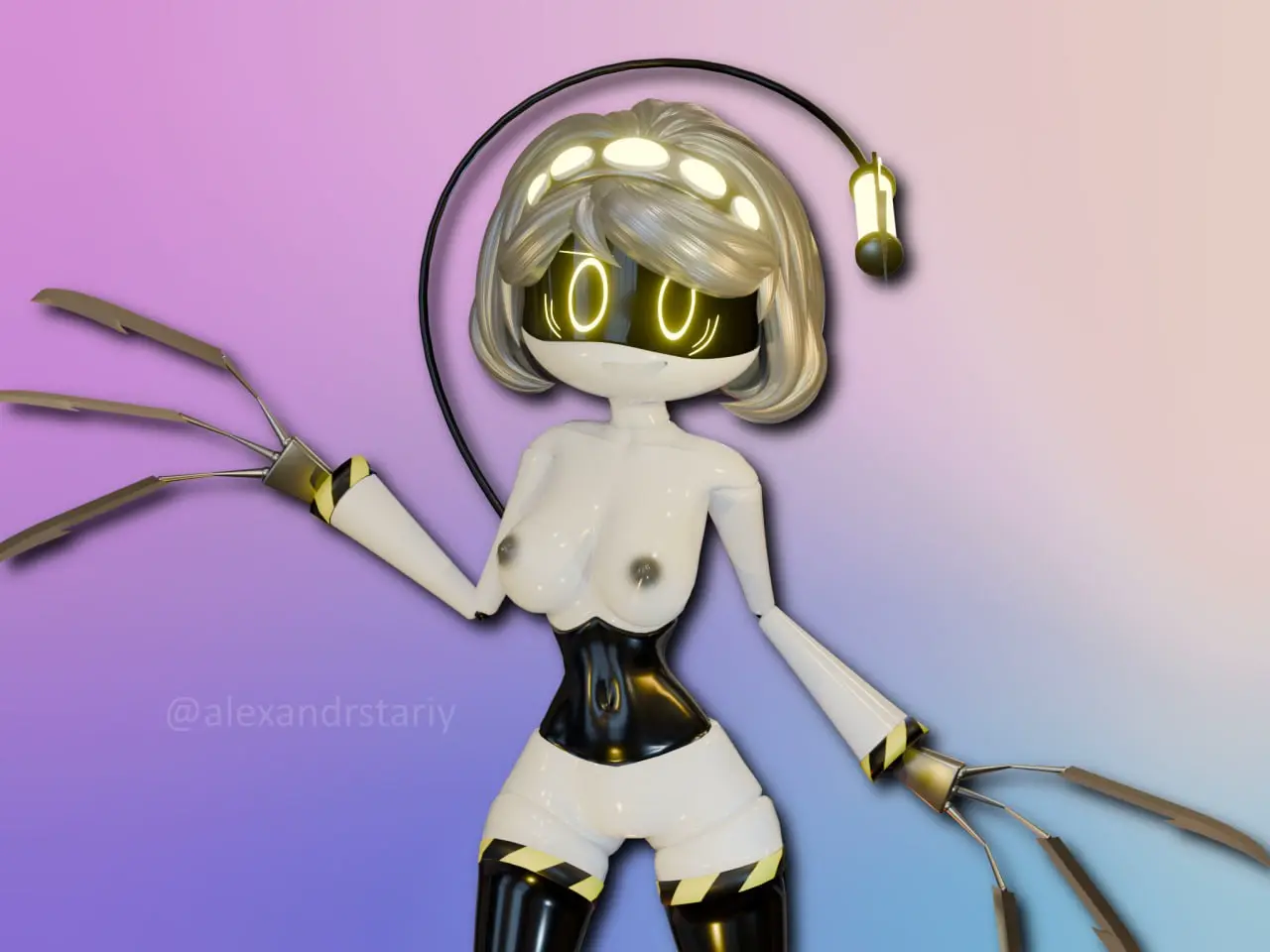 Image 1girls,female,female_only,grey_hair,standing,yellow_eyes,female_focus,3d,cute,3d_(artwork),focus,white_body,robot,robot_girl,drone,murder_drones,glitch_productions,v_(murder_drones),alexandrstariy