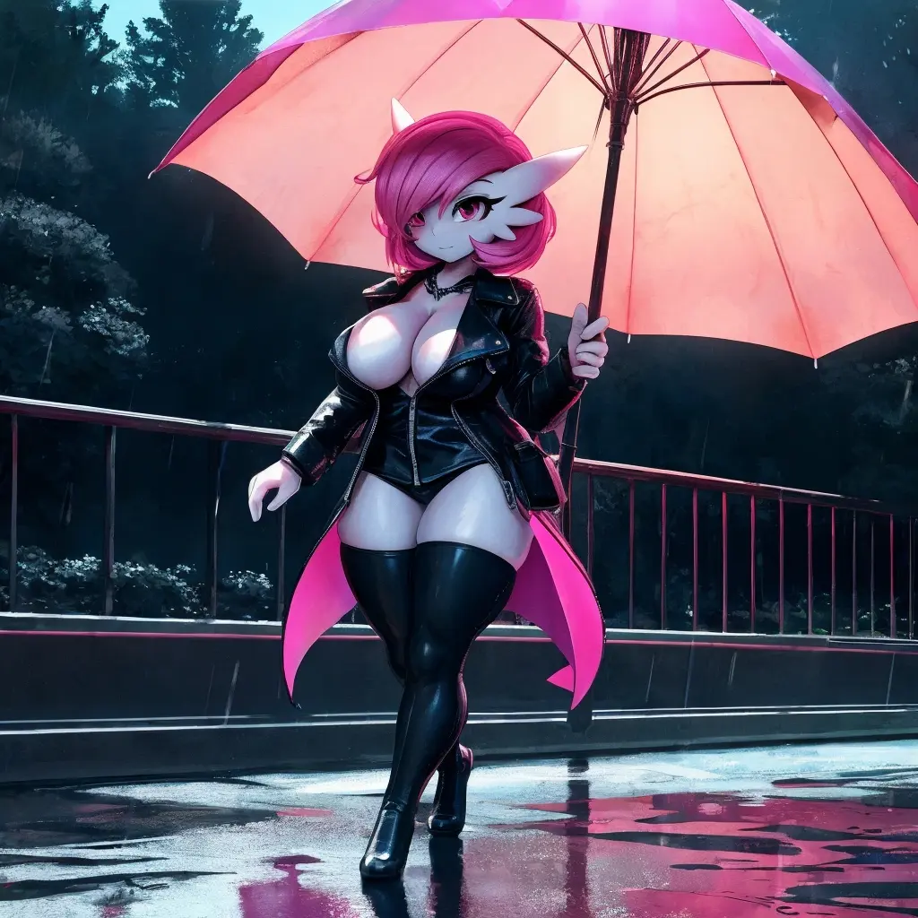 Image big_breasts,breasts,female,smile,pokemon,pokemon_(species),smiling,ai_generated,pink_hair,pink_eyes,nintendo,thick_legs,detailed_background,leggings,gardevoir,leather_jacket,umbrella,raining