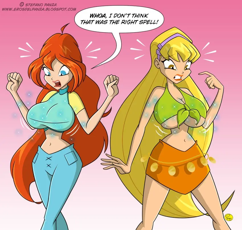Image big_breasts,breasts,brown_eyes,female,human,human_only,long_hair,open_mouth,2girls,navel,red_hair,bare_shoulders,cleavage,hairband,midriff,orange_hair,teeth,underboob,pointy_nose,blonde_hair,lips,looking_down,ahoge,clenched_teeth,hair_between_eyes,miniskirt,skirt,big_eyes,short_sleeves,sleeveless,motion_lines,surprised,jpeg,text_bubble,magic,turtleneck,commission,t-shirt,blue_pants,crop_top,breast_expansion,cyan_eyes,bare_legs,upper_teeth_only,hazel_eyes,bursting_breasts,nickelodeon,redhead,hair_down,upper_teeth,4kids_entertainment,bloom_(winx_club),rainbow_(animation_studio),winx_club,long_bangs,sleeveless_crop_top,tied_shirt,purple_hairband,pockets,green_crop_top,orange_skirt,pointy_hair,stella_(winx_club),bell-bottoms,bellbottoms,ilpanza,short_bangs,yellow_sleeves