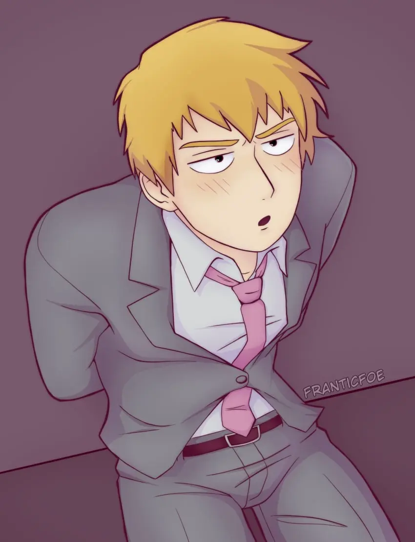 Image clothed,1boy,male,male_only,sitting,tight_clothing,submissive_male,male_focus,hands_behind_back,sitting_on_floor,arms_behind_back,looking_up,on_floor,viewed_from_above,suit,softcore,suit_and_tie,mob_psycho_100,arataka_reigen,franticfoe_(artist)