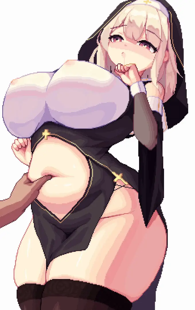 Image 1girls,breasts,female,long_hair,red_eyes,white_background,1boy,heart-shaped_pupils,male,thick_thighs,wide_hips,drooling,huge_breasts,original,original_character,heavy_breathing,aroused,animated,nose_blush,light_brown_hair,chubby,nipples_visible_through_clothing,huge_thighs,in_heat,pixel_art,squeezing_belly,nun,nun's_habit,belly_grab,small_nipples,kneading,piaomao