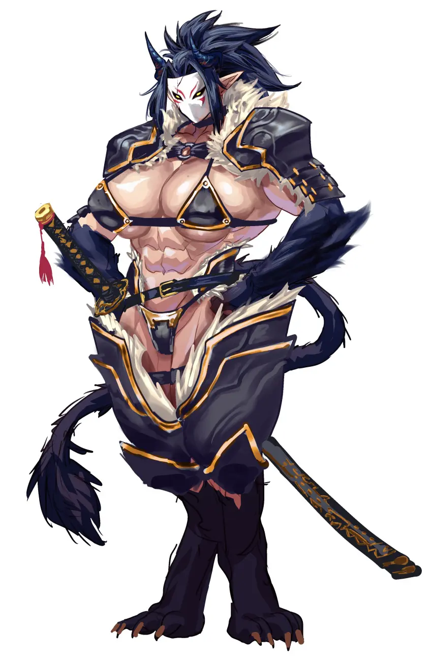 Image 1girls,big_breasts,breasts,female,tail,athletic,muscular,pointy_ears,claws,abs,athletic_female,muscular_female,armor,sword,masked_female,virgoart1509