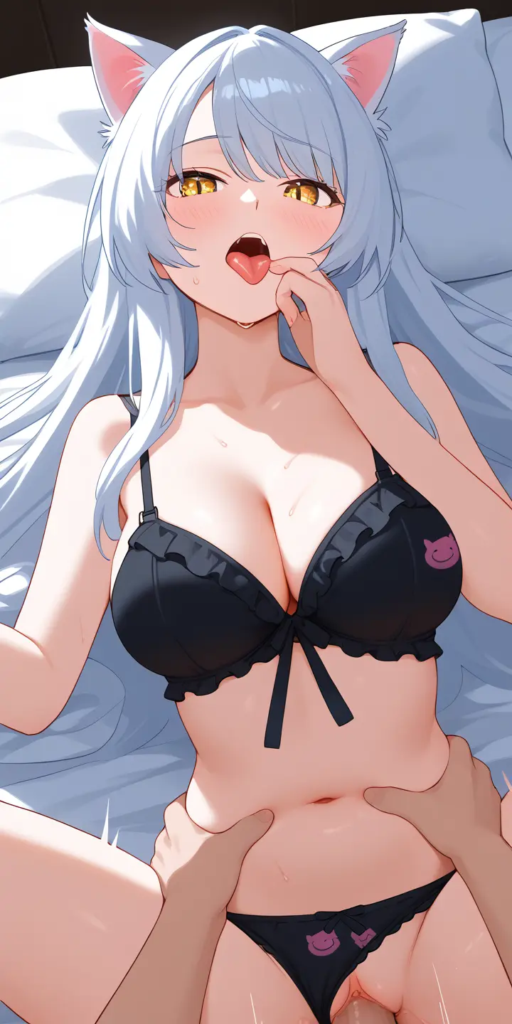 Image female,pussy,sex,uncensored,panties_aside,ai_generated,stable_diffusion,vaginal_penetration,penetration,black_bra,neko,bakemonogatari,monogatari_(series),hanekawa_tsubasa,black_hanekawa,charlycatai