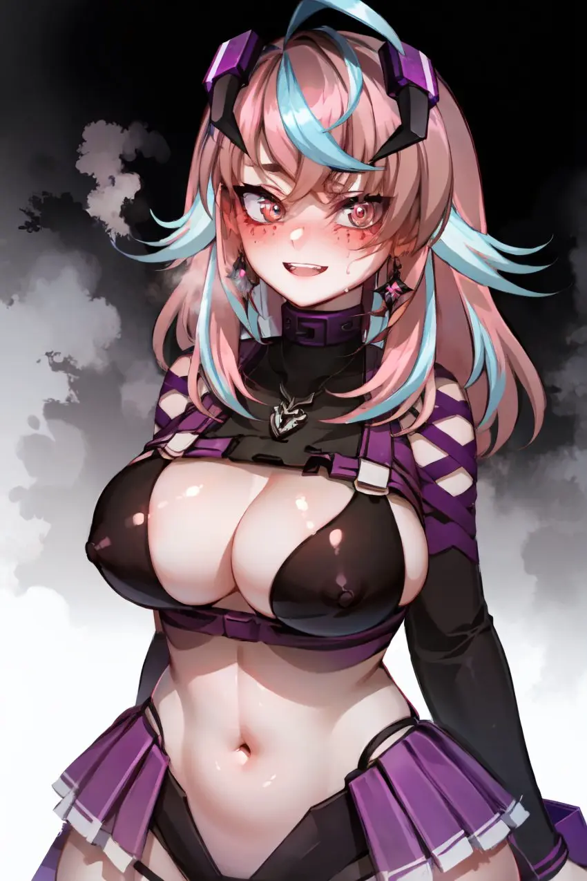 Image breasts,female,smile,sweat,multicolored_hair,wide_hips,virtual_youtuber,ai_generated,huge_breasts,vtuber,heavy_breathing,steam,ricochetk,emikukis