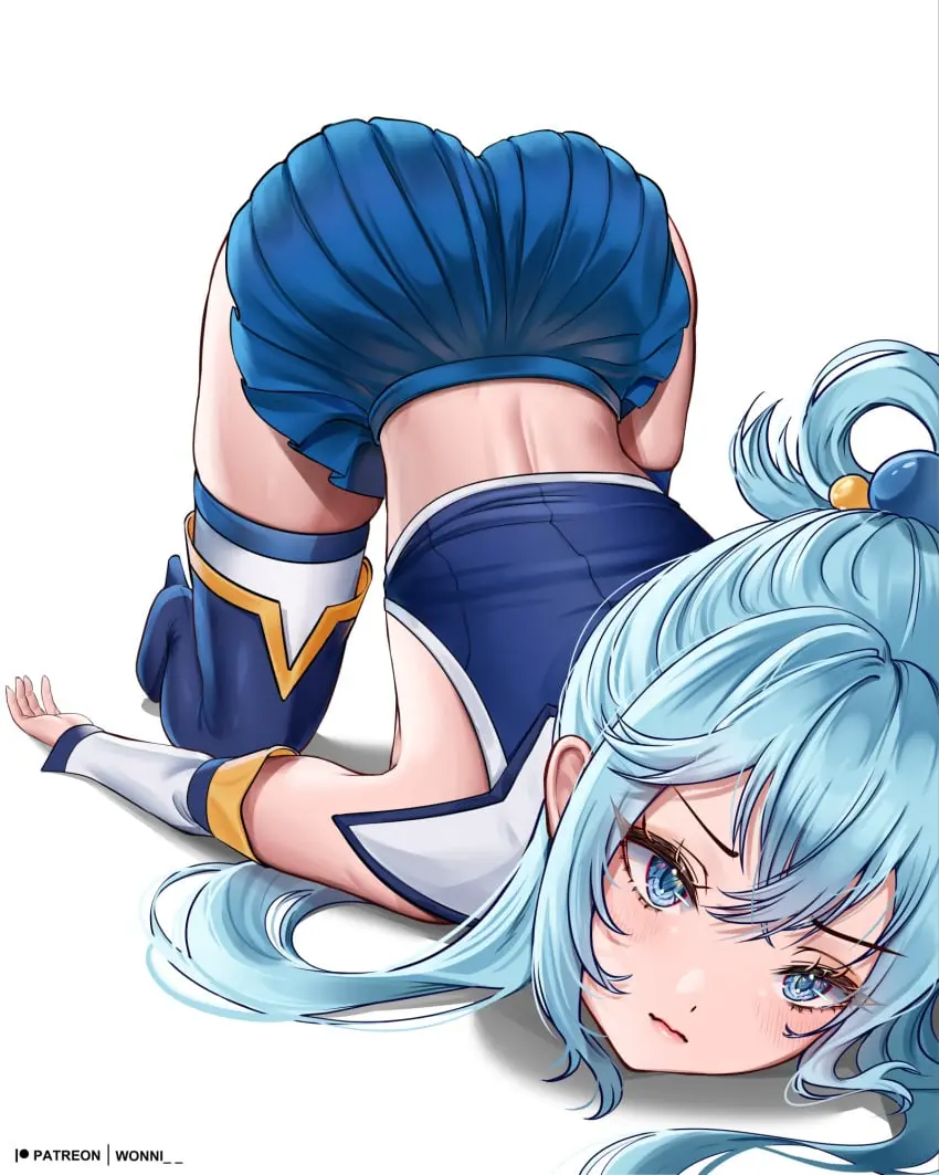 Image 1girls,female,light-skinned_female,light_skin,blue_eyes,blue_hair,ass,goddess,skirt,ass_focus,ass_up,sad,boots,kono_subarashii_sekai_ni_shukufuku_wo!,face_down_ass_up,short_skirt,aqua_(konosuba),blue_outfit,wonnikon