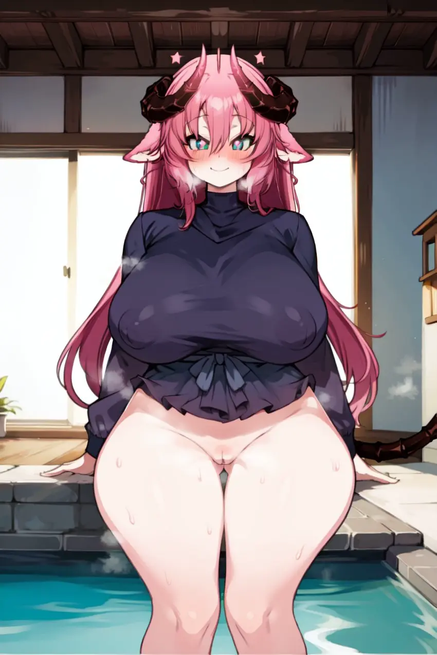 Image breasts,female,long_hair,smile,nude,sweat,wide_hips,virtual_youtuber,horns,ai_generated,huge_breasts,pink_hair,vtuber,demon,heavy_breathing,pool,succubus,dragon_girl,ricochetk,irelyth