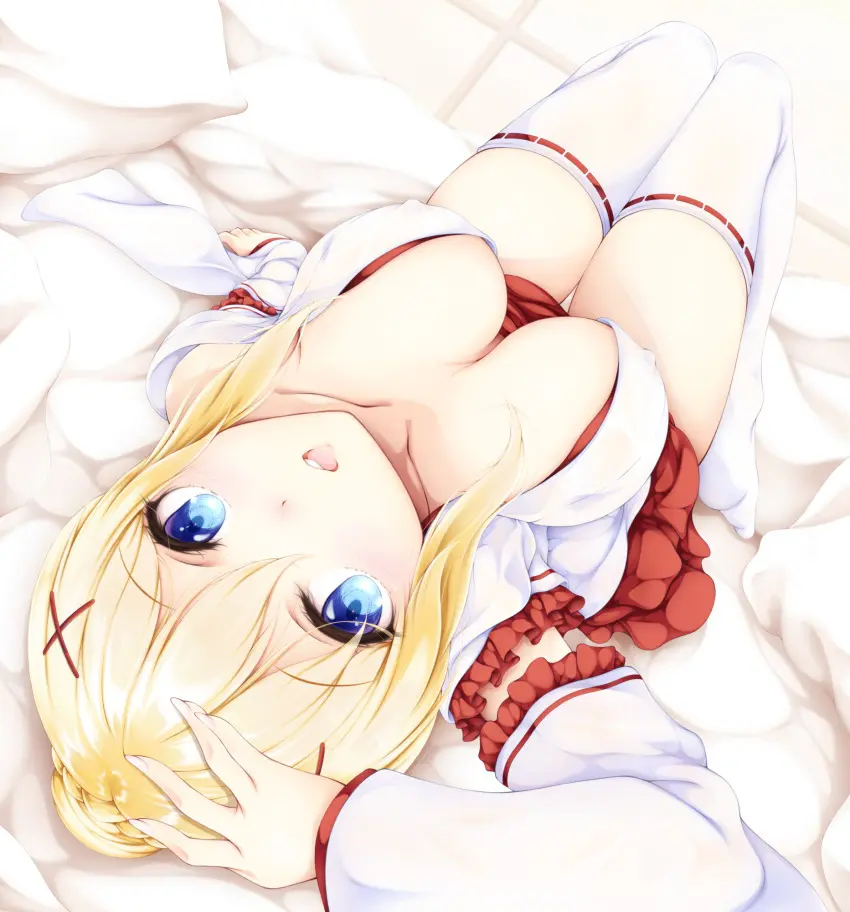 Image 1girls,breasts,female,hair_ornament,highres,large_breasts,long_sleeves,looking_at_viewer,open_clothes,open_mouth,solo,blue_eyes,thighhighs,bed_sheet,lying,on_back,thighs,collarbone,blonde_hair,detached_sleeves,alternate_costume,breasts_apart,kimono,open_kimono,darkness_(konosuba),kono_subarashii_sekai_ni_shukufuku_wo!,looking_up,white_thighhighs,japanese_clothes,covered_erect_nipples,hand_up,frills,x_hair_ornament,frilled_sleeves,downblouse,miko,white_kimono,boldcats