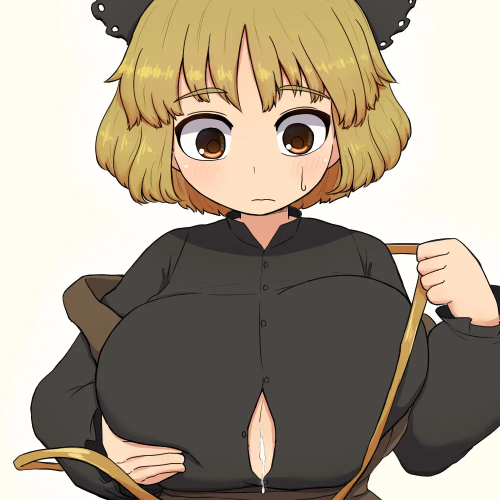 Image 1girls,breasts,brown_eyes,female,open_mouth,simple_background,touhou,white_background,short_hair,solo_focus,huge_breasts,blonde_hair,cum_on_breasts,sweatdrop,pov,upper_body,after_paizuri,black_shirt,button_gap,kurodani_yamame,yamame_kurodani,camp_of_hunger