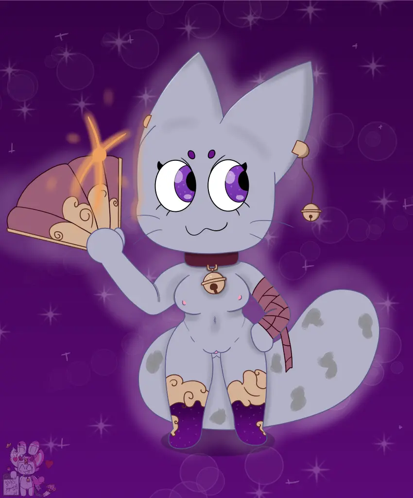 Image breasts,female,hi_res,nipples,simple_background,smile,solo,navel,nude,pussy,tail,digital_media_(artwork),solo_focus,anthro,absurd_res,purple_eyes,collar,fur,genitals,mammal,purple_body,hybrid,bandage,felid,fan_character,glowing,bell,bell_collar,big_tail,mrsnyawashi