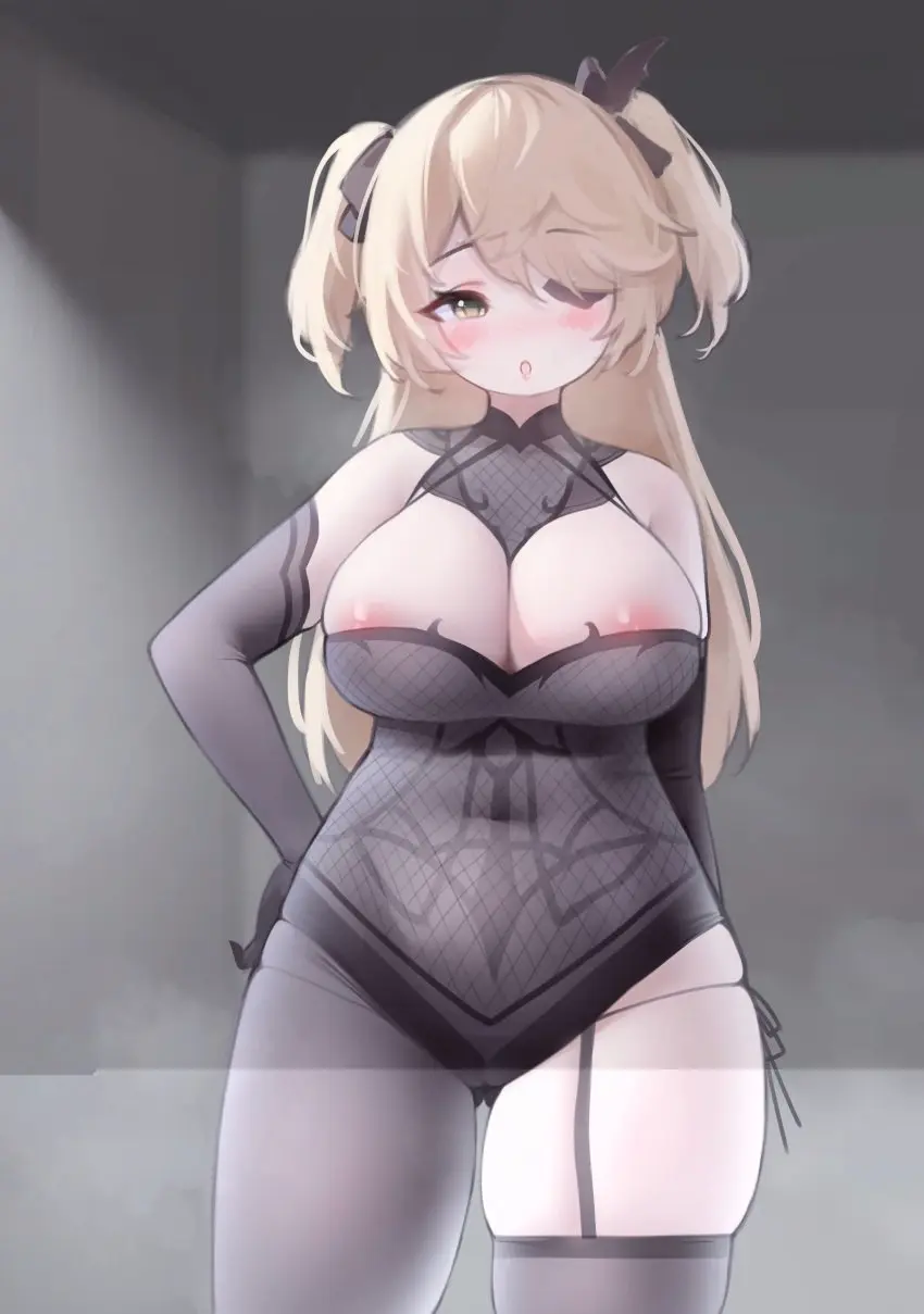 Image 1girls,blush,breasts,female,female_only,large_breasts,long_hair,looking_at_viewer,solo,elbow_gloves,thick_thighs,wide_hips,areolae,cleavage,blonde_hair,genshin_impact,hand_on_hip,leotard,areola_slip,eyepatch,asymmetrical_legwear,fischl_(genshin_impact),laugh_scorpion