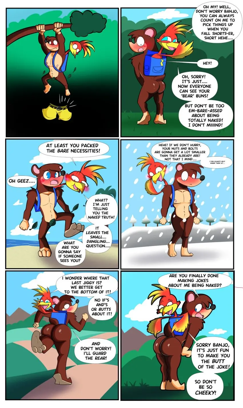 Image 1girls,breasts,female,1boy,male,nude,convenient_censoring,ass,embarrassed,tagme,embarrassed_nude_male,wardrobe_malfunction,backpack,bag,birbpan,banjo-kazooie,no_breasts,kazooie,banjo_(banjo-kazooie)