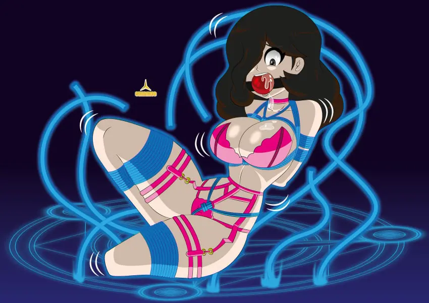 Image breasts,female,female_only,black_hair,choker,thick_thighs,thighs,cleavage,lingerie,drool,drooling,huge_breasts,original,original_character,revealing_clothes,bondage,skimpy_clothes,magic,femsub,fully_clothed,ball_gag,bound,gag,rope,frogtie,crotch_rope,magic_circle,magic_bondage,magic_rope,swarm108