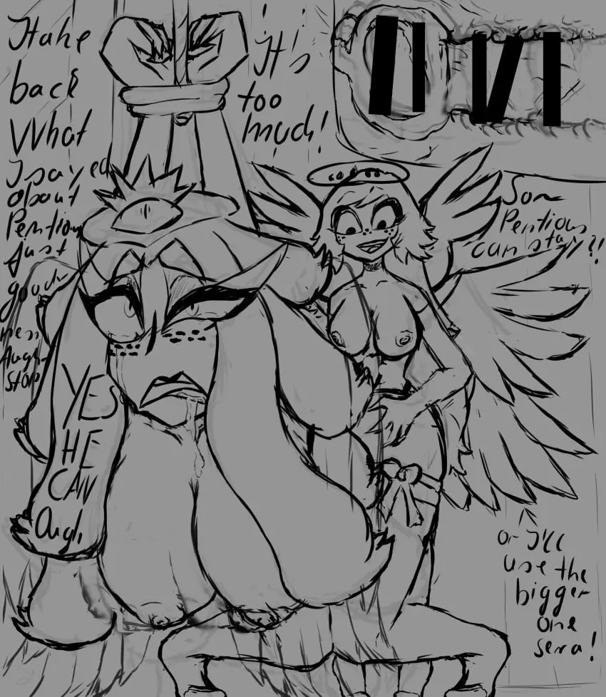 Image female,pussy,from_behind,from_behind_position,text,ahe_gao,censored,monochrome,strap-on,incest,sisters,dildo,censor_bar,dildo_in_pussy,strapon,hazbin_hotel,dildo_penetration,retzhuko_(artist),dildo_insertion,vivienne_medrano,sera_(hazbin_hotel),emily_(hazbin_hotel),vivziepop