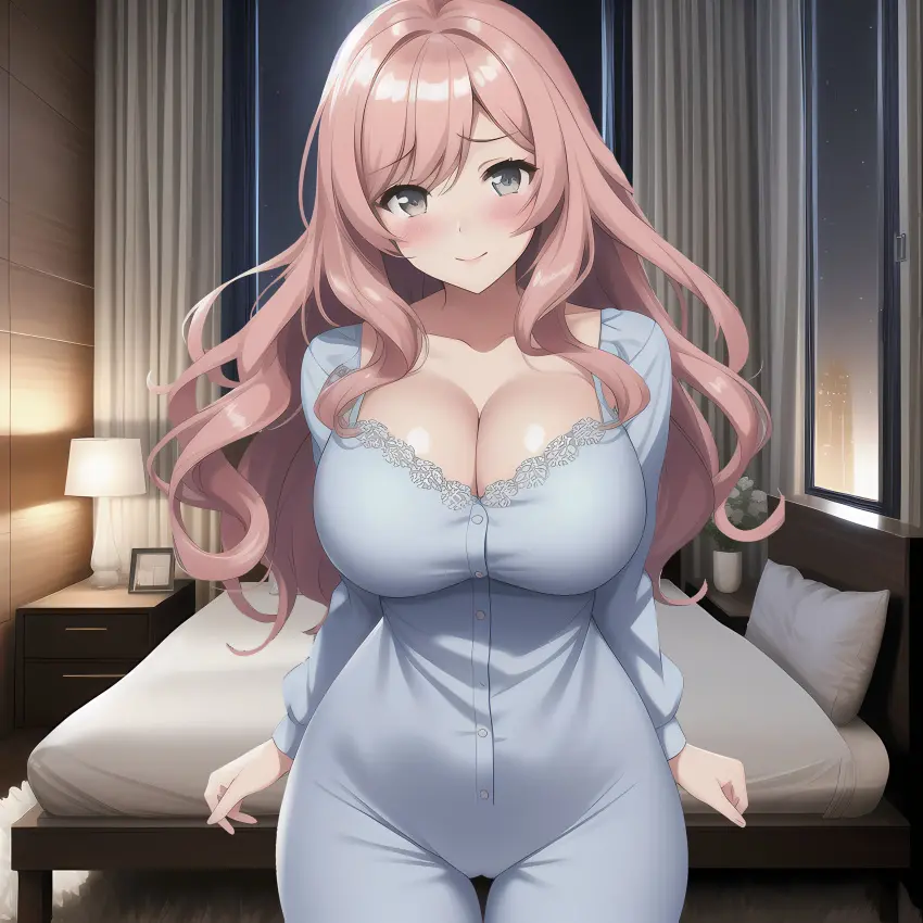 Image big_breasts,blush,breasts,female,looking_at_viewer,wide_hips,ai_generated,cleavage,solo_female,pink_hair,night,hourglass_figure