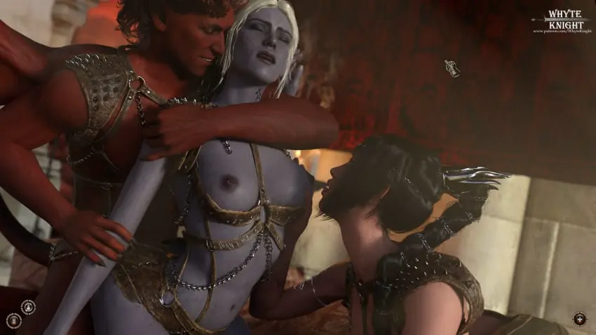 Image breasts,female,white_hair,1boy,2girls,black_hair,male,multiple_girls,tail,threesome,tongue_out,yellow_eyes,tongue,ponytail,dark_skin,pleasure_face,pleasured,horns,wings,purple_skin,medium_breasts,elf,3d,claws,horn,yuri,breast_sucking,elf_ears,bondage,red_skin,video_games,dark_elf,spikes,bondage_gear,functionally_nude,functionally_nude_female,bisexual,bisexual_female,video_game,video_game_character,video_game_franchise,baldur's_gate_3,dungeons_and_dragons,baldur's_gate,drow,shadowheart,bondage_outfit,devil_horns,devil,bondage_harness,minthara,devil_tail,whyte_knight,haarlep