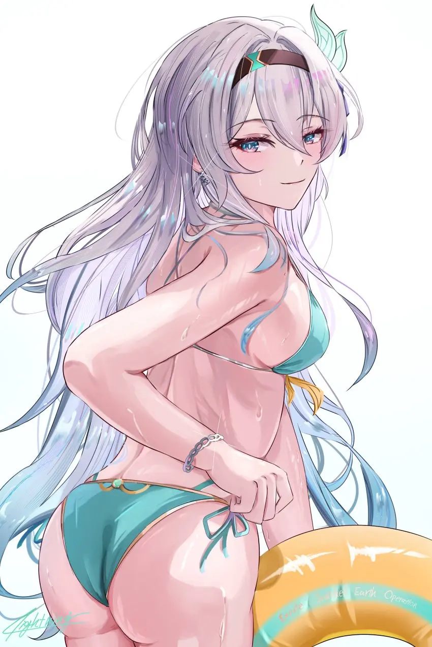Image breasts,female,shiny_skin,bikini,ass,seductive_eyes,seductive_look,seductive_smile,wet_skin,sideboob,text,medium_breasts,wet,english_text,large_ass,signature,honkai:_star_rail,best_girl,firefly_(honkai:_star_rail),buoy,miya-chan_(lightning0730)