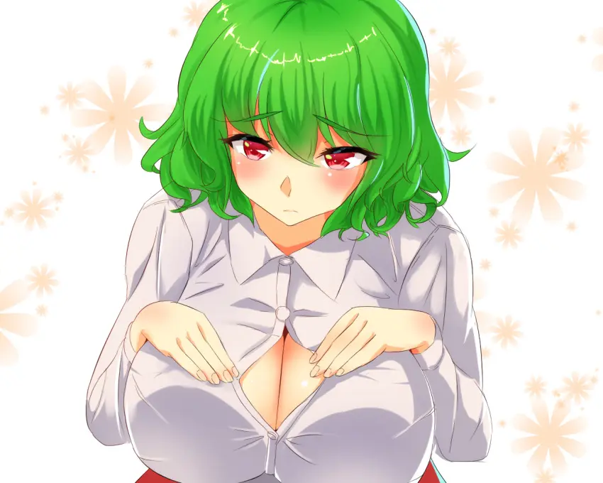 Image 1girls,breasts,female,looking_at_viewer,red_eyes,solo,touhou,white_background,short_hair,cleavage,huge_breasts,green_hair,closed_mouth,button_gap,kazami_yuuka,yuka_kazami,yuuka_kazami,d_ginac_e,whiet_shirt