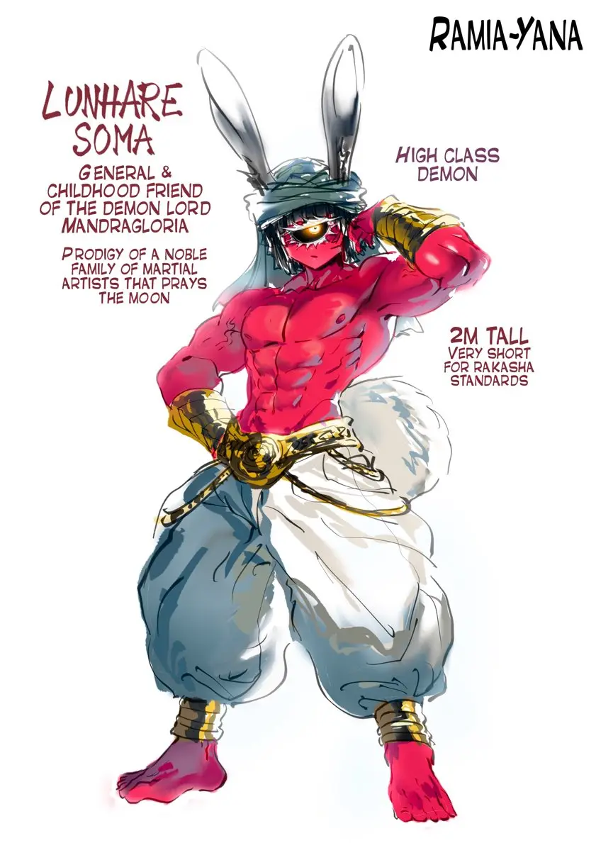 Image solo,white_background,1boy,black_hair,male,yellow_eyes,barefoot,muscular,muscular_male,male_only,gold_(metal),text,demon,demon_boy,bunny_ears,english_text,bunny_tail,red_skin,abs,full_body,armwear,black_sclera,character_sheet,cyclops,thegoldensmurf,lunhare_soma,ramia-yana