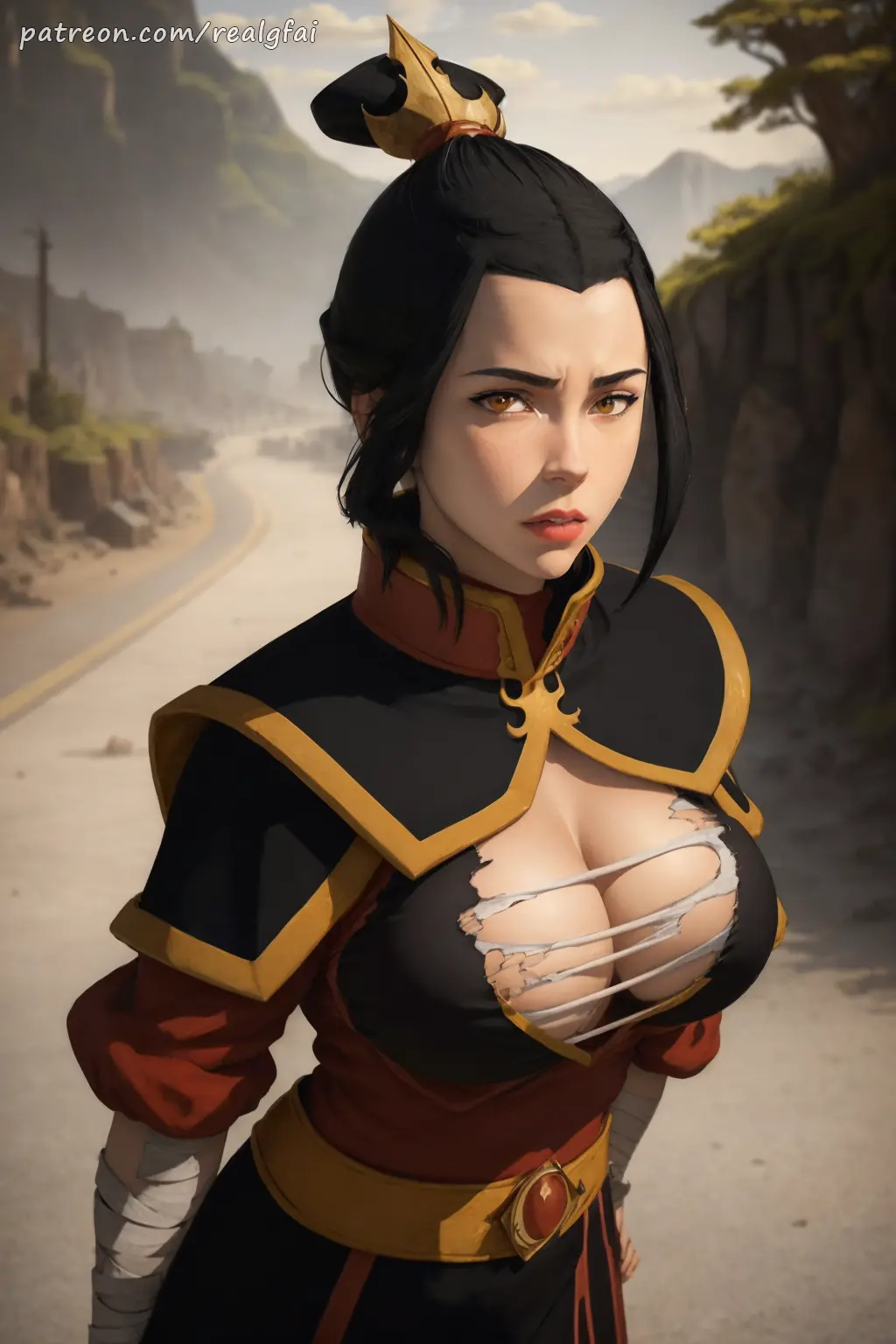 Image 1girls,breasts,breasts_out,female,large_breasts,light_skin,looking_at_viewer,nipples,black_hair,gloves,thick_thighs,wide_hips,areolae,patreon,patreon_username,ai_generated,lingerie,midriff,solo_female,tied_hair,realistic,artist_signature,red_topwear,avatar_legends,avatar_the_last_airbender,azula,fire_nation,topknot,amber_eyes,realgfai