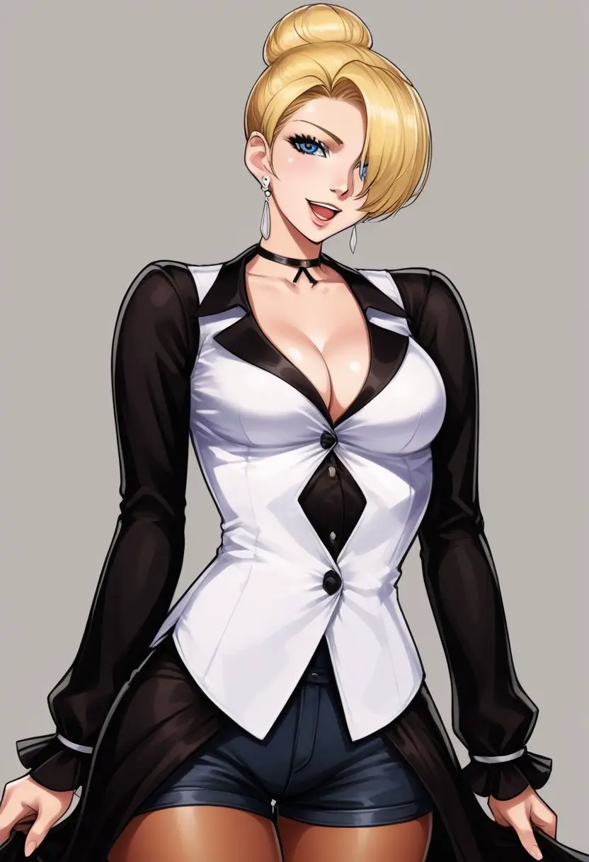 Image female,smile,blue_eyes,choker,earrings,ai_generated,blonde_hair,shorts,pantyhose,king_of_fighters,snk,long_dress,mature_(kof)