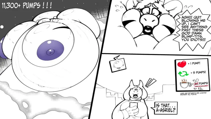 Image breasts, female, colored, hyper_breasts, tagme, comic, inflation, spherical_inflation, dialogue, thick_lips, hyper_ass, undertale, ass_expansion, breast_expansion, toriel, sunken_head, floating, balloon_inflation, hyper_belly, sunken_limbs, asriel_dreemurr, belly_expansion, cheeks_inflation, air_inflation, lower_lip, donation_drive, kg88, thick_lower_lip, hyper_cheeks