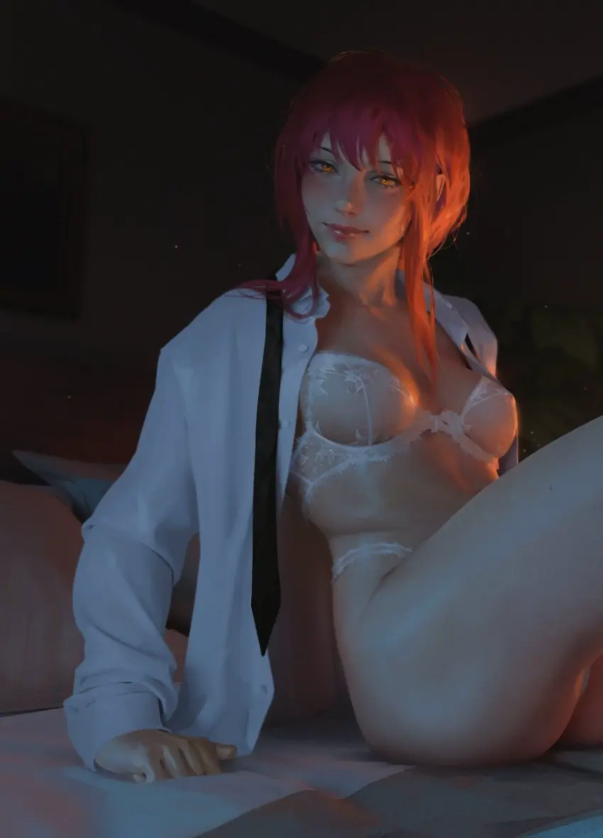 Image 1girls,blush,bow,breasts,collared_shirt,female,highres,long_sleeves,looking_at_viewer,nipples,open_clothes,open_shirt,shirt,solo,red_hair,bra,panties,underwear,ass,small_breasts,thighs,orange_eyes,collarbone,white_bra,sitting,on_bed,realistic,closed_mouth,white_shirt,white_panties,necktie,highleg,chainsaw_man,black_necktie,makima_(chainsaw_man),commentary,lace_panties,english_commentary,lace,highleg_panties,lace_bra,bow_bra,painting_(artwork),see-through_bra,medusa_149,unworn_necktie