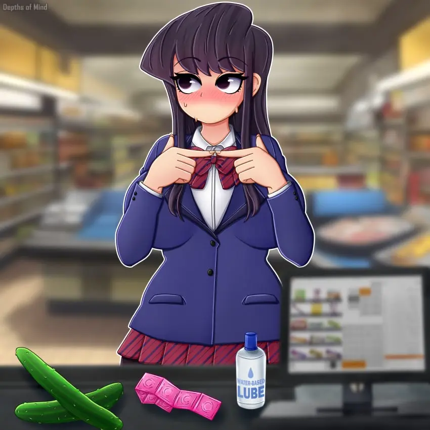 Image 1girls,big_breasts,blush,bow,breasts,clothed,clothing,female,highres,long_hair,shirt,black_hair,sweat,thick_thighs,embarrassed,shy,huge_breasts,school_uniform,alternate_version_available,condom,skirt,no_mouth,black_eyes,jacket,necktie,fully_clothed,meme,blurry_background,pantyhose,bowtie,blushing,lube,condom_packet_strip,humor,komi-san_wa_komyushou_desu,komi_shouko,market,lube_bottle,imminent_masturbation,cucumber,fidgeting,implied_masturbation,depthsofmind,twiddling_fingers