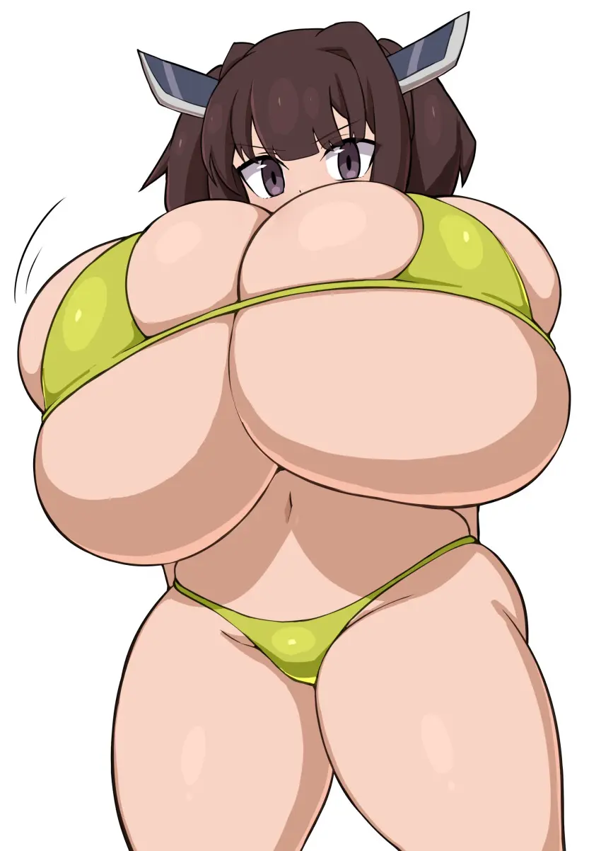 Image breasts,female,looking_at_viewer,bikini,thick_thighs,wide_hips,gigantic_breasts,hyper_breasts,skindentation,low-angle_view,furrowed_brow,alternate_breast_size,micro_bikini,alternate_body_type,voiceroid,jaga334,obscured_face,touhoku_kiritan