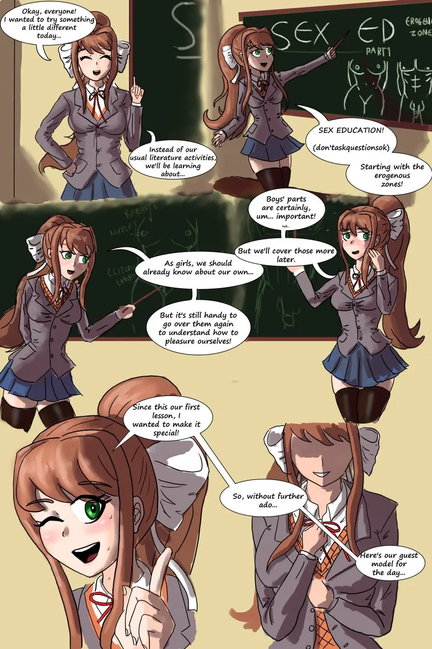 Image 1girls,blush,female,female_only,human,solo,text,schoolgirl,flustered,school_uniform,comic_page,english_text,sweating,doki_doki_literature_club,undressing,classroom,sex_education,teacher,monika_(doki_doki_literature_club),kainlarsen,surreal